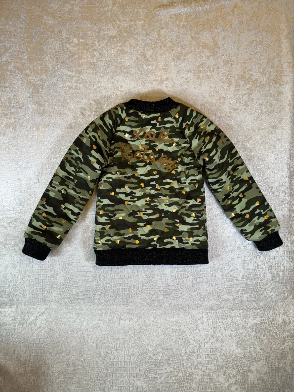 Betsey Johnson girls' green camouflage bomber jacket, Girls size 6